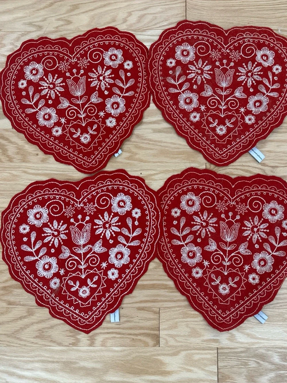 Red Heart-Shaped Embroidered Felt Coasters (Set of 4)